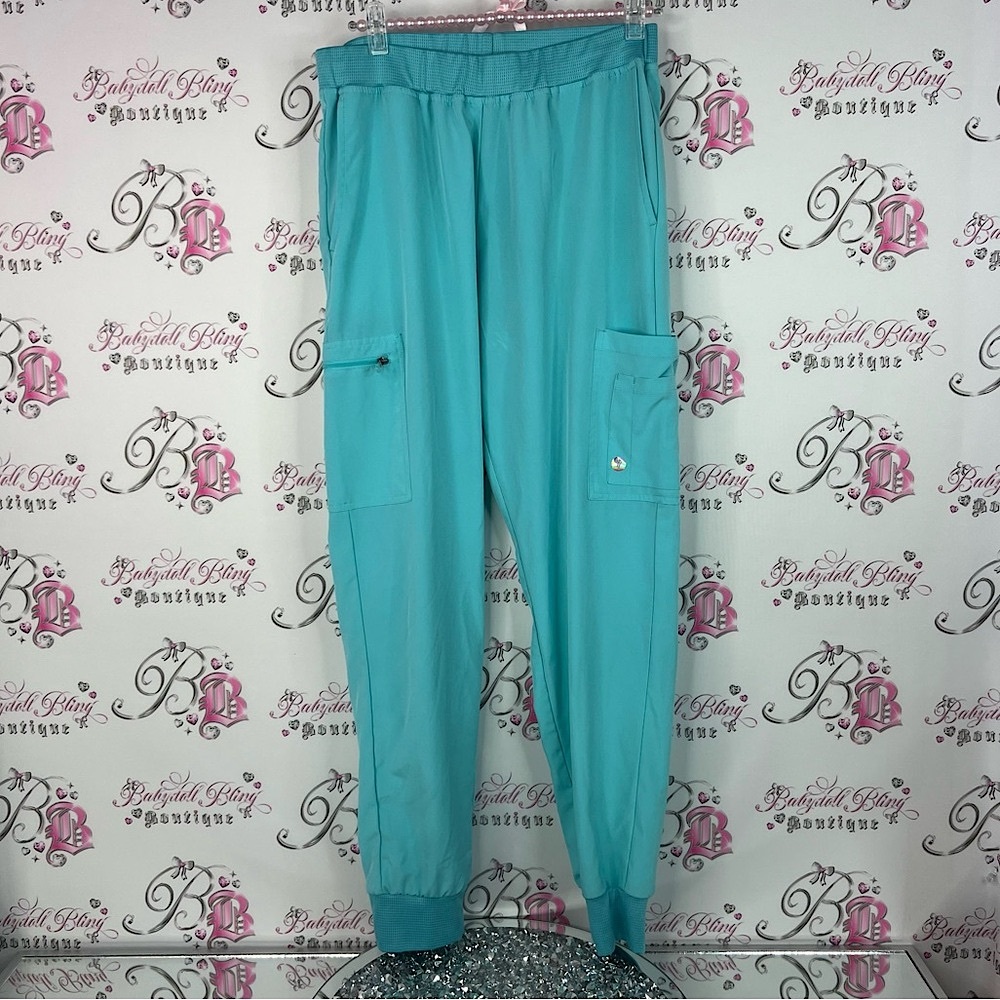 Scrubletics pants shiny buttons blue Teal Jogger Pants comfy stretch